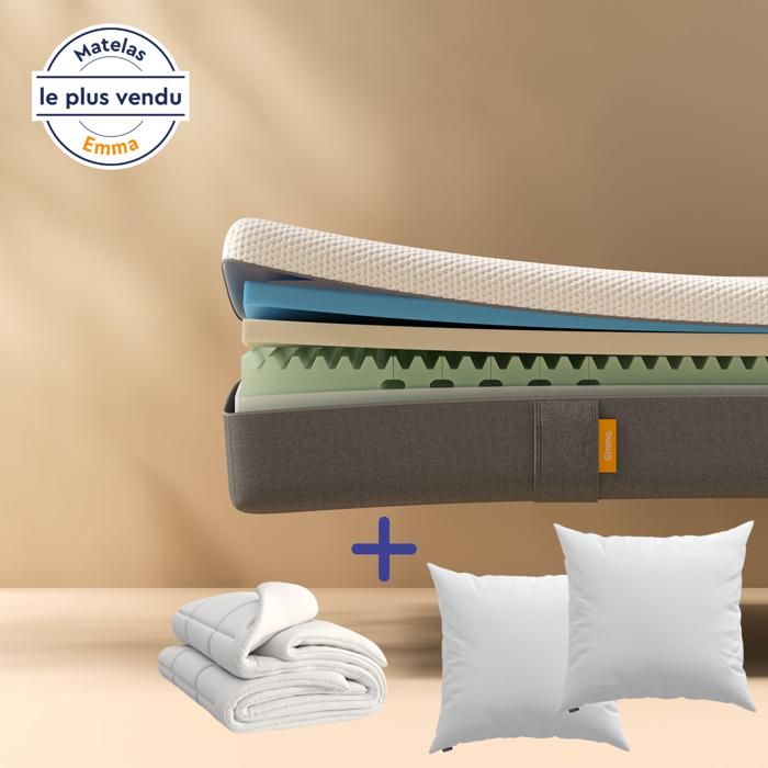 EMMA Pack Original 180x200 + Matelas Mémoire de Forme N°1 en France + 2 Oreillers Nuage Essentiel