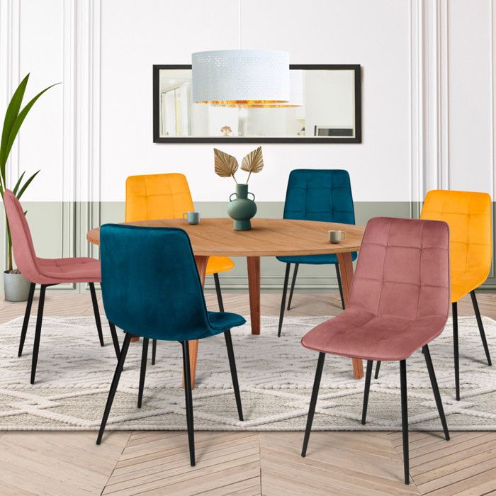 IDMARKET Lot de 6 chaises de salle à manger MILA assise matelassée bleu x2 jaune ocre x2 rose x2