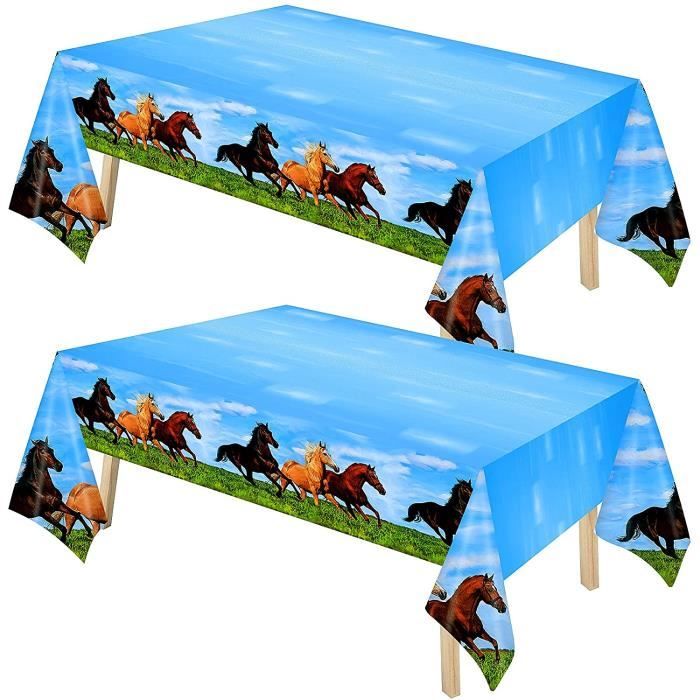 Nappe Anniversaire Cheval 120x180cm - Blanc à Frange - Décoration Table Thématique