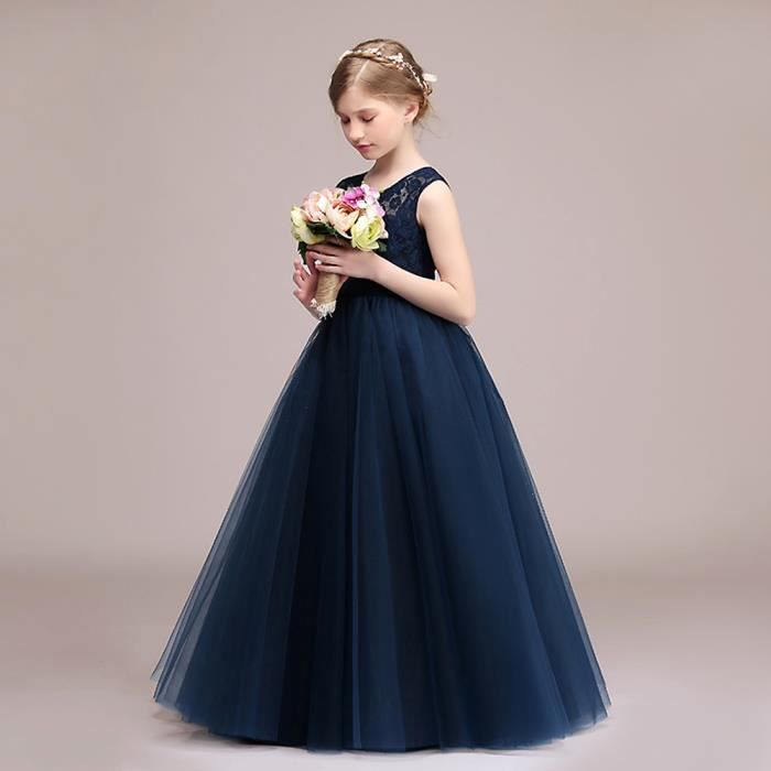 Tfjh Robe Cérémonie Fille Soirée Mariage Princesse Demoiselle Spectacle Baptême Enfant Jupe Longue Nœud Papillon Taille Haute