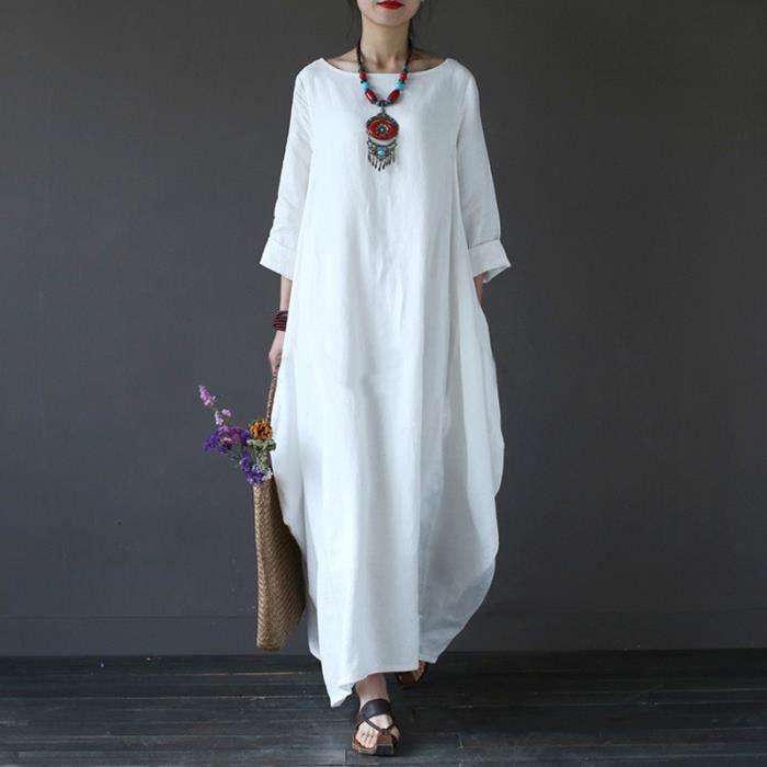 2018 Ete Plus La Taille Robes Pour Femmes 3xl 4xl 5xl Lache Coton Lin Robe Blanc Boho Chemise Robe A Manches Longues Longue Maxi Rob Blanc Cdiscount Pret A Porter