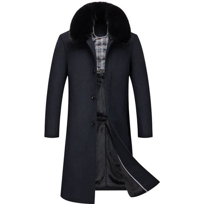 Manteau de laine long col fourrure amovible pour homme