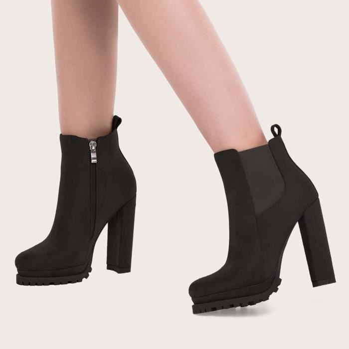 Chaussures pour femmes à talons hauts, mode décontractée en daim, couleur  unie, bottines à fermeture éclair sur le côté Noir Noir - Cdiscount  Chaussures