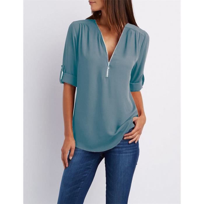 Chemisier Femme HANERDUN à Manches 3/4 Et Col En V - Coupe Ample, Polyester-élasthanne, Pour Bureau Et Décontracté