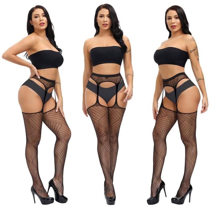 Collants Résille à Motifs Pour Femme Avec Porte-jarretelles - Taille Haute - Noir - Taille Unique Extensible - 13