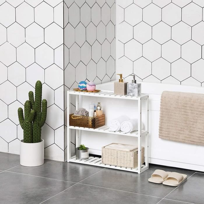 Etagère murale en bambou SONGMICS - Rangement salle de bain - 60 x 15 x 54 cm - Couleur Blanc