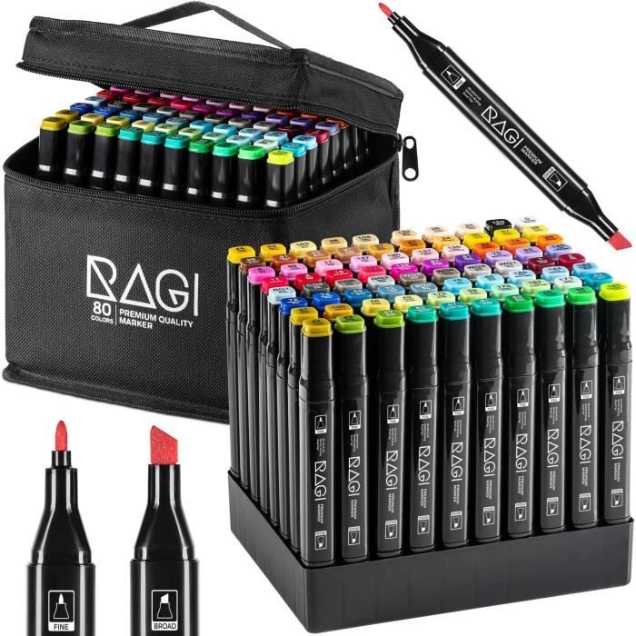 Lot De 80 Marqueurs à Alcool Nukido - Pointes Double Face 2 Mm & 7 Mm - Couleurs Vibrantes, Sac De Transport Inclus - 5