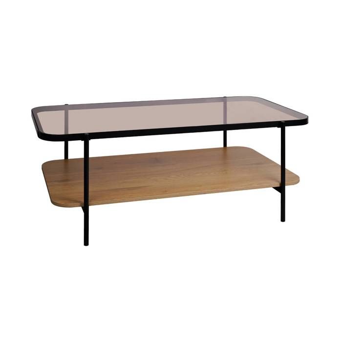 Table basse rectangulaire double plateau verre décor bois et métal SMOOKY