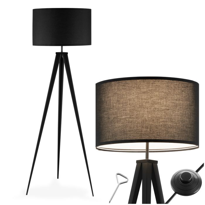Lampadaire - TECTAKE - Lampe sur pied LUNARIS avec trépied en acier et abat-jour à laspect lin 57 x 57 x 158 cm - Noir