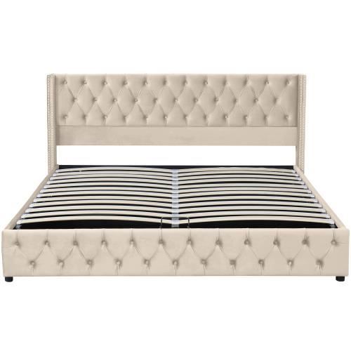 Lit Coffre 160x200cm Avec Tête De Lit Style Chesterfield - Velours Beige, Sommier Lattes Et Rangement Hydraulique | Sans Matelas - 9
