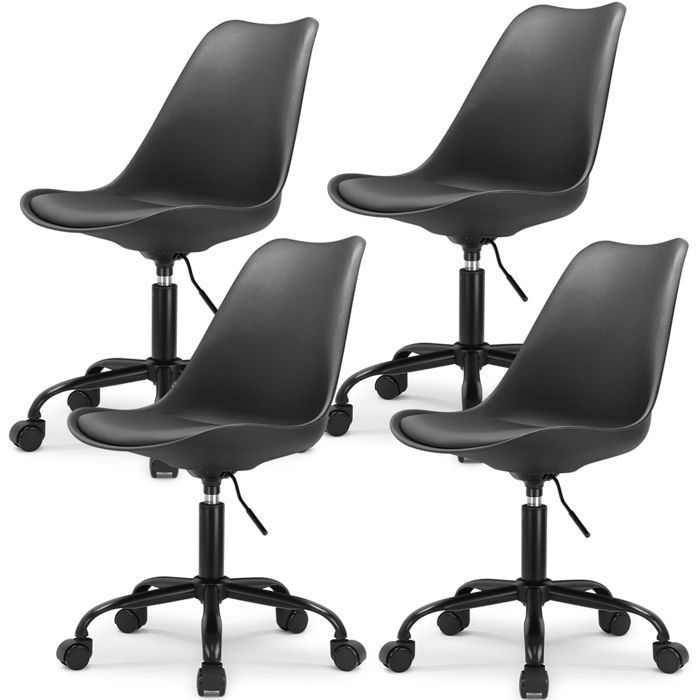 Chaises de Bureau Scandinaves à roulettes avec hauteur réglable coussin dassise intégré - Noir - Lot de 4
