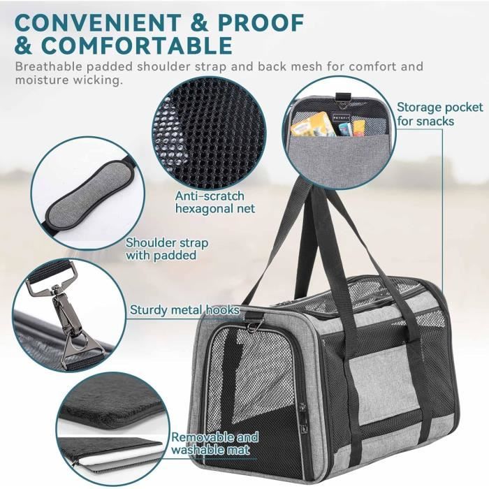 Sac De Transport Pliable Pour Chat/chien CADOCA - Jusqu'à 20kg - Gris, Fenêtres Aérées, Coussin Réversible - Gamelle Incluse - 44x34x31 Cm