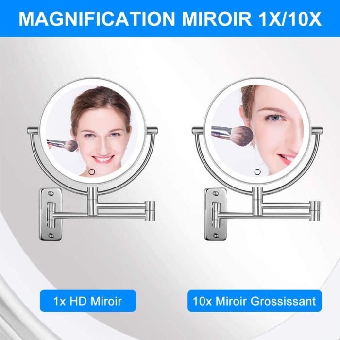 Miroir De Maquillage Lumineux Mural 9 Pouces - Double Face 1X/10X - Batterie 4000mAh - Bras Extensible 360° - Lumière RVB Tactile