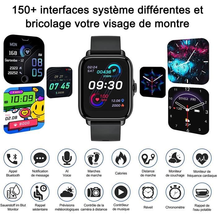 Montre Connectée Repondre Appel et SMS, 1.7 Smartwatch Sport Tactile Homme  Femme Adulte Android iOS, Tracker d'activité/Podometre/Moniteur de  Fréquence Cardiaque et Sommeil/Etanche, Watch Noir : :  High-tech