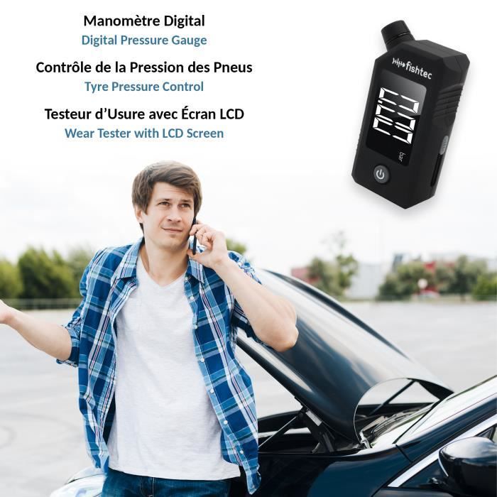 Manomètre Digital Pneu de Voiture - Contrôleur de Pression d'Air des Pneus  et Testeur d'Usure pour Véhicule - Ecran LCD + Lampe LED - Cdiscount Auto