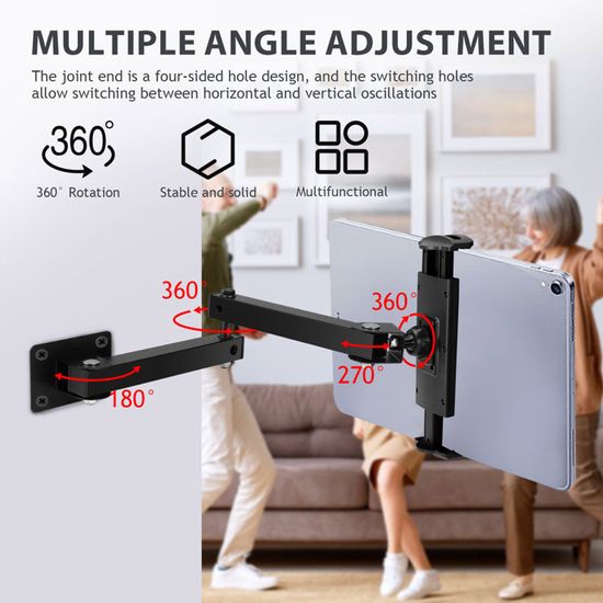 PRBUEHI Support Mural Tablette 360° Réglable 4,7 à 14 Pouces - Fixation Murale Smartphone