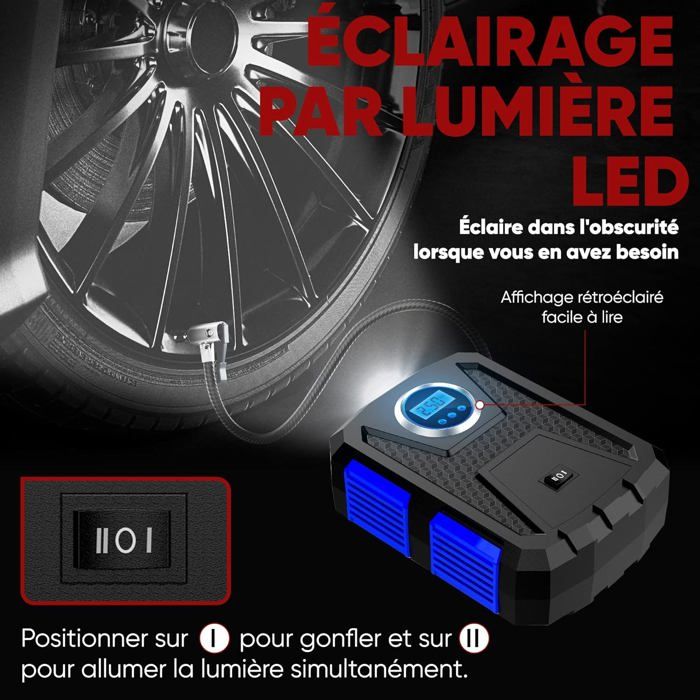 Gonfleur Pneus Numérique Portable 10Bar - Pour Voiture, Vélo, Moto, Ballons - Avec écran LED Et Lumière