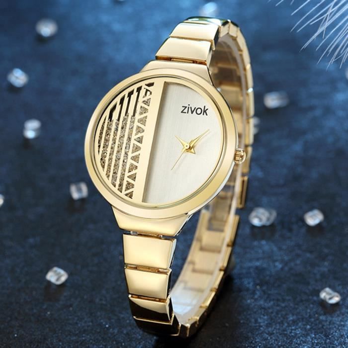 Montre femme luxueux bracelet quartz cadran vertical creux