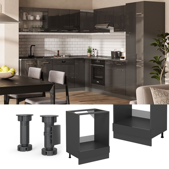 Meuble Pour Four Vicco R-Line 60cm - Noir Haute Brillance/Anthracite - Sans Plan De Travail