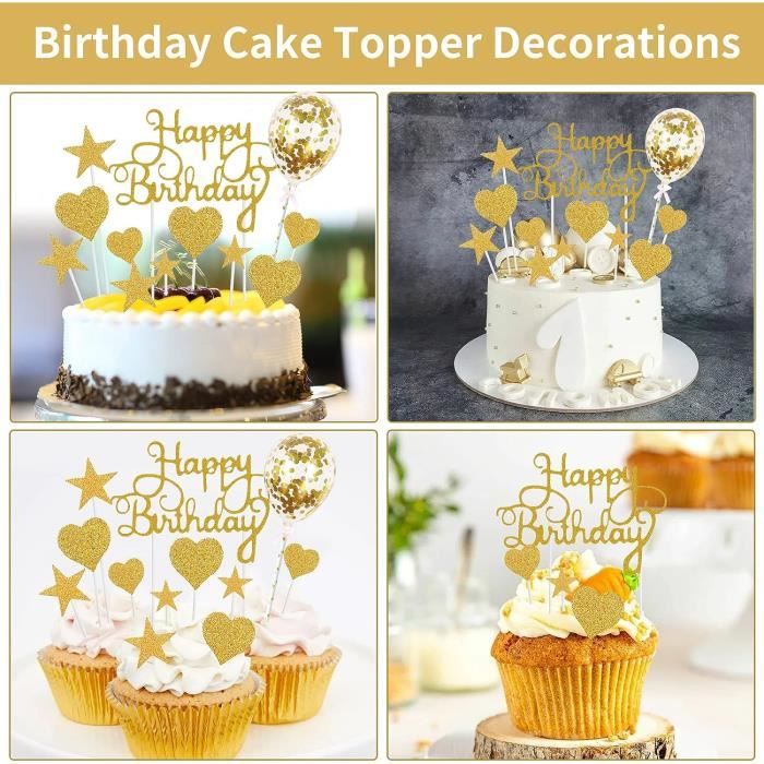 Decoration Gateau Anniversaire Or Happy Birthday Cake Topper Coeurs Étoiles  Deco Gateau Anniversaire Confetti Ballon Éventails en papier
