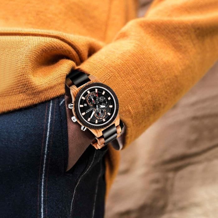 SHARPHY Montre Homme Lumineux Calendrier Bracelet en Bois Massif