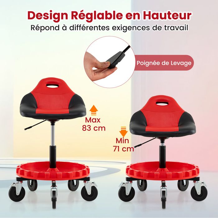 COSTWAY Tabouret d'Atelier avec 5 Roulettes, Plateau Porte-Outils, Siège Pneumatique, Hauteur Réglable de 71 à 83 cm, Charge 150kg - Maison