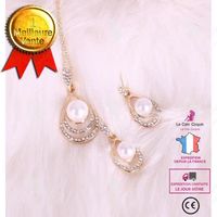 LCC® Parure Cadeau  Femme  Bijoux de Luxe  Réglables-Boucles d'oreilles -Collier -Plaqué Or 18 carats -Strass Zircon Blancs Perles