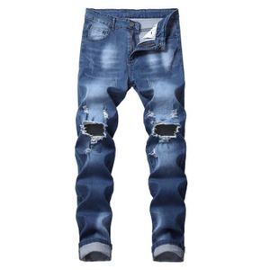 JEANS Jeans homme de marque luxe Jean trou de genou slim droit Nostalgique Personnalité slim Pantalon Vêtement Masculin-Bleu