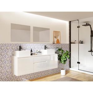 MEUBLE VASQUE - PLAN Meuble de salle de bain suspendu avec double vasque et miroirs - Blanc - 150 cm - JIMENA II