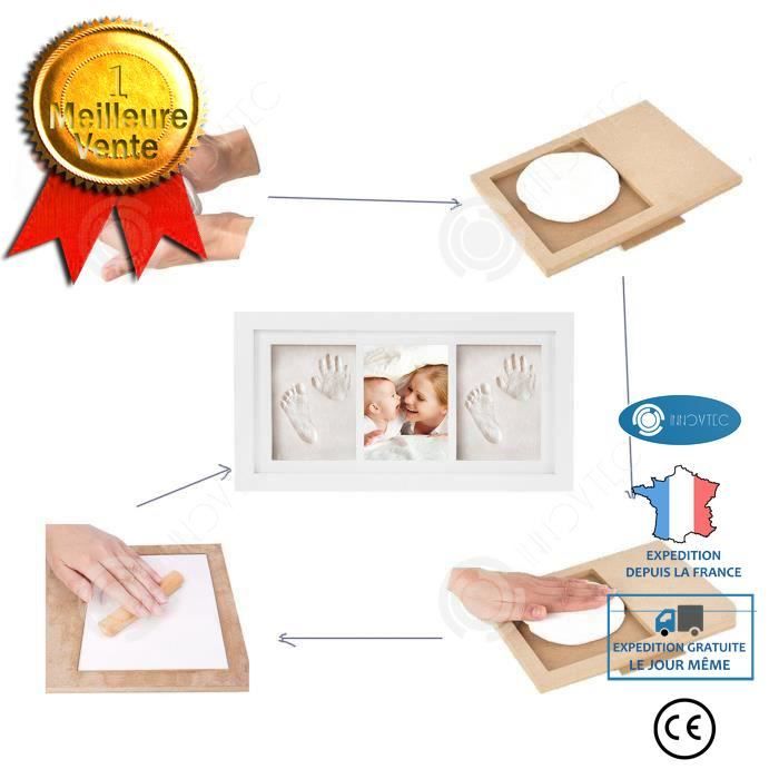1x Cadre photos bébé avec empreintes plâtre, jeu pour main ou pied; DIY empreinte  bébé avec cadre, blanc
