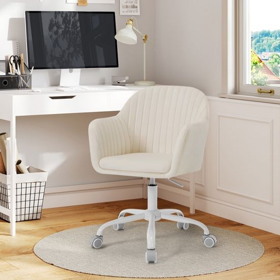 HAMLODY Chaise De Bureau - Fauteuil Coiffeuse Pivotant - Tissu En Velours - Réglable En Hauteur - Beige - Maison