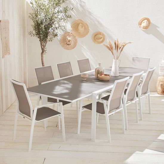 Salon de jardin table extensible - Washington Taupe - Table en aluminium 200/300cm. plateau en verre dépoli. rallonge et 8 fauteuils