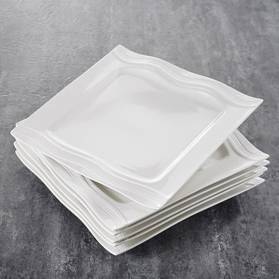 MALACASA Vaisselle Série Mario, 18pcs Assiettes Plates Porcelaine, Assiette Carrée Service de Table 26cm - Blanc