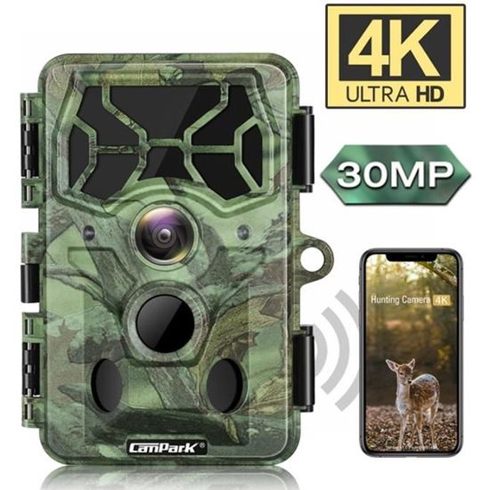 Caméra de chasse CAMPARK T100 4K 30MP avec WIFI, Bluetooth et vision nocturne activée IP66