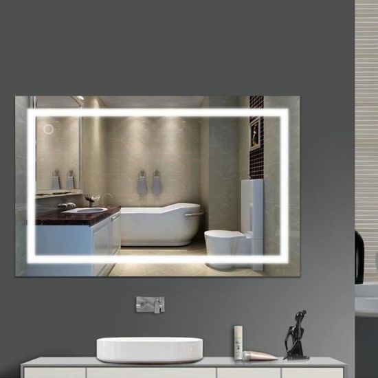 100*60CM 23W Lampe de Miroir LED 6000k Blanc Froid Lumière Miroir à LED Mural Solide de Verre Trempé pour Salle de Bain