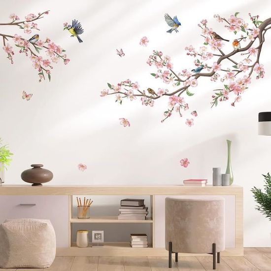 Stickers Muraux Fleurs De Cerisier Autocollant Mural Arbre Et Oiseaux  Fleurs Rose Décoration Murale Chambre Salon Chambre Enf[N3787] - Cdiscount  Maison