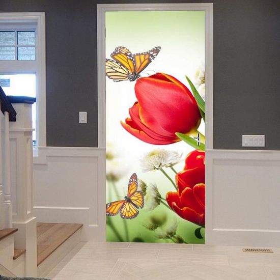 Stickers De Porte Autocollants De Porte 3D Papillon Floral Blanc Sur Fond Rose 90 X 200 Cm Auto-Adhésif Imperméable Amovible Wc,Sticker Porte Chambre,Autocollants Porte D Entree,Autocollants Porte Pl