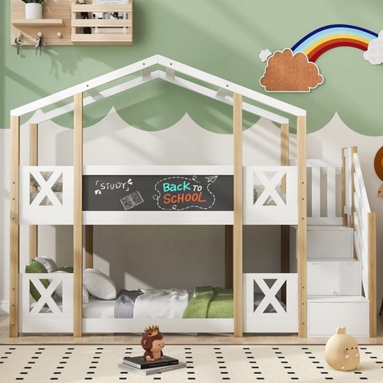 Lit Mezzanine Enfant 90x200 Cm – Avec Escalier Rangement & Barrière – Bois Blanc – Transformable En 2 Lits - 2