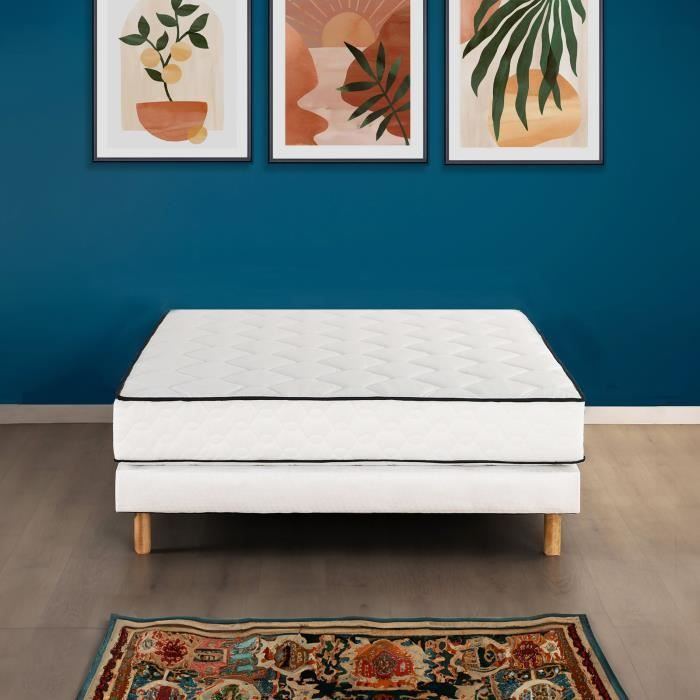 Ensemble matelas sommier 140 x 190 cm Hauteur 19 cm - ressorts ensachés - 7 zones - réversible - fabriqué en Belgique - DEKO DREAM