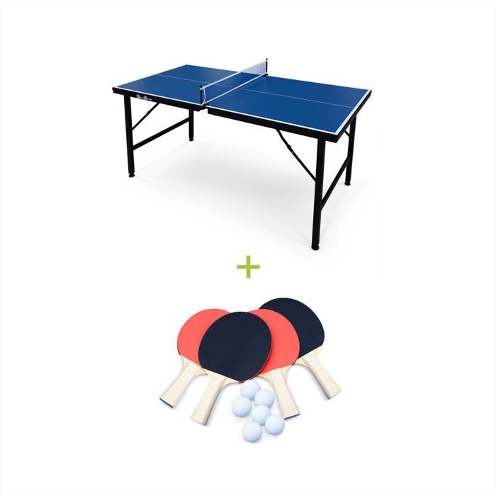 Mini table de ping pong 150x75cm - table pliable INDOOR bleue, avec 4 raquettes et 6 balles, valise de jeu pour utilisation