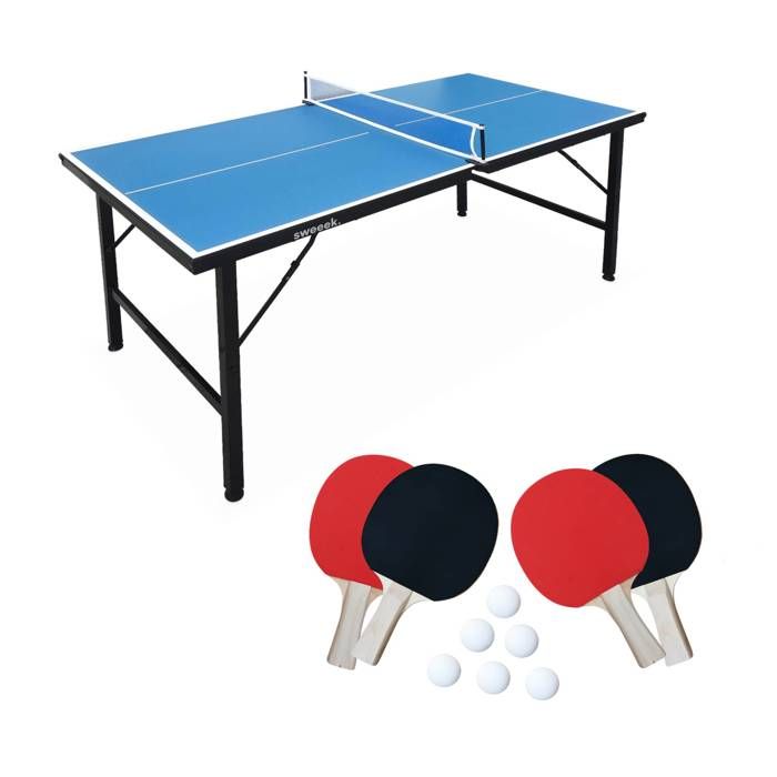 Mini table de ping pong 150x75cm - table pliable INDOOR bleue, avec 4 raquettes et 6 balles, valise de jeu pour utilisation