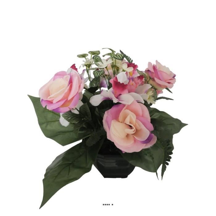 Composition vasque de roses et d'orchidées artificielles, lestée H 37 cm, D 30 cm Rose pâle