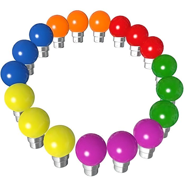 Lot de 18 ampoules Led B22 1W Guirlande Rouge, Jaune, Verte, Orange, Rose, Bleu Incassable (équivalence 15W)