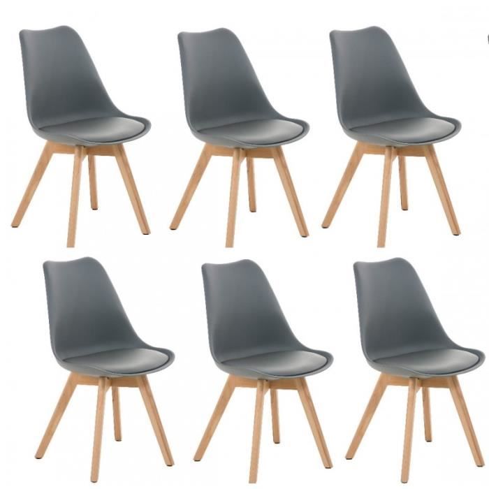 Lot de 6 chaises de salle à manger scandinave PU gris pieds bois CDS10202