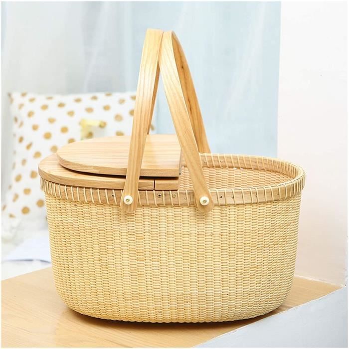 Panier de Pique-Nique tissé à la Main pour 2 Personnes Double poignée Picnic Panier avec Couvercle Paniers de Pique-Nique en Plein