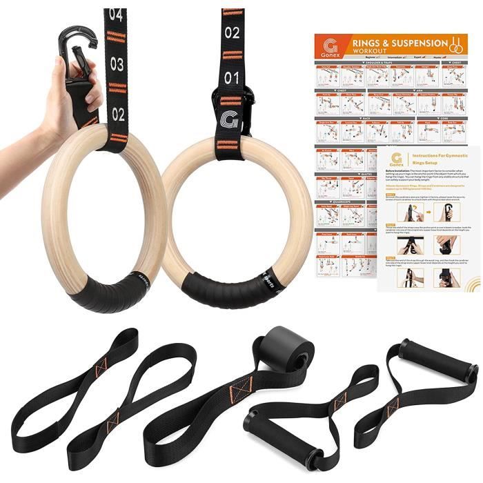 Gymnastique Anneaux Bois avec Sangles Réglables Anneaux Gym 32mm Musculation Traction Crossfit Ring Exercice à Domicile