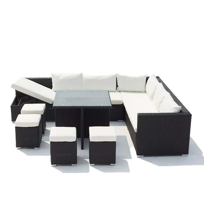 FIDJI - Salon de jardin encastrable en résine tressée 10 personnes Noir/Blanc
