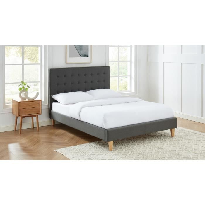 Lit adulte scandinave en tissu effet lin gris anthracite, sommier à lattes, 140x190 - Collection Marie - ELLE DÉCORATION
