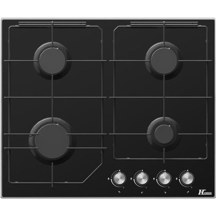 HTGLA4VN - Table de cuisson 4 Foyers Gaz Encastrée 60 cm – Verre Noir – L 58xl 51xH 5cm – Allumage automatique – Sécurité Thermocoup