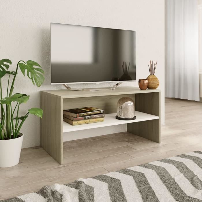 Meuble TV-scandinave contemporain Meuble de salon MEUBLE HI-FI Blanc et chêne sonoma 80 x 40 x 40 cm Aggloméré